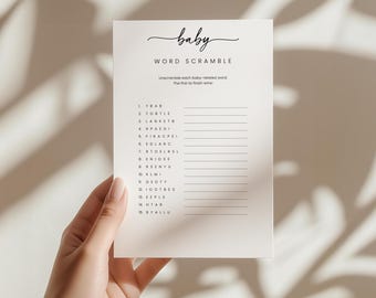 Afdrukbaar baby woord scramble spel, baby shower woord scramble, minimalistisch baby shower spel, bewerkbare canva-sjabloon, Instant Download