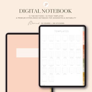 May include: A digital notebook app mockup on a tablet with a peach background. The app has 12 tab sections and 32 page templates. The text "TEMPLATES" is at the top of the page. The app is designed for Goodnotes and Notability.