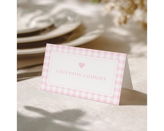 Editable Pink Gingham Place Cards - Baby Shower Food & Table Labels | BS03