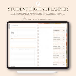 May include: A digital planner for Goodnotes and Notability with 10 subject tabs, 16 templates, and a supplement to a daily planner. The planner features a light brown background with a white grid and a black and white spiral binding. The text "Bonus 6,000 Stickers + 9 Covers" is displayed in brown text.