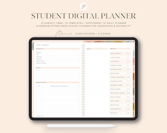 May include: A digital planner for Goodnotes and Notability with 10 subject tabs, 16 templates, and a supplement to a daily planner. The planner features a light brown background with a white grid and a black and white spiral binding. The text "Bonus 6,000 Stickers + 9 Covers" is displayed in brown text.