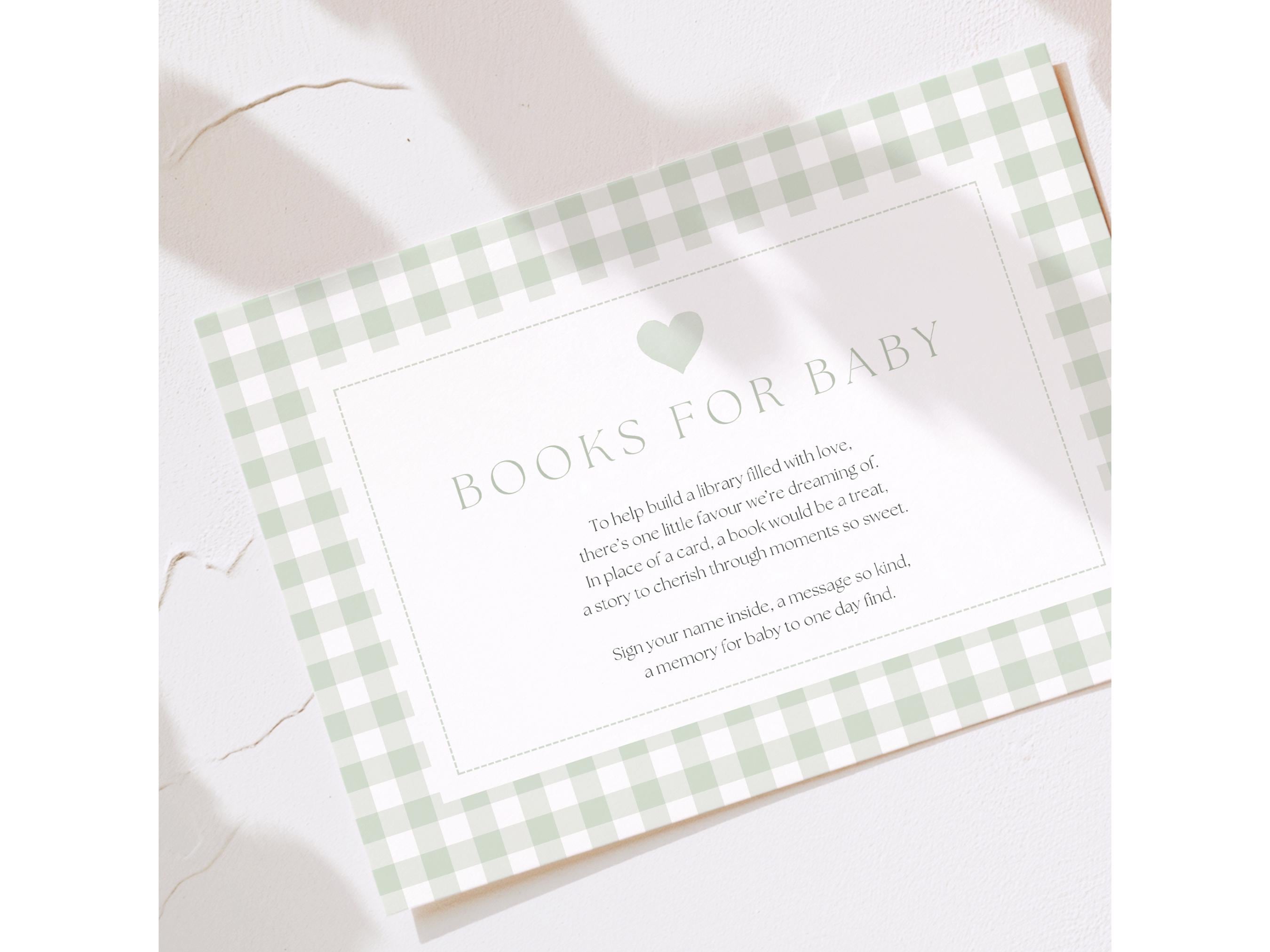 Sage Green Gingham Books for Baby Card | Editable Baby Shower Insert ...