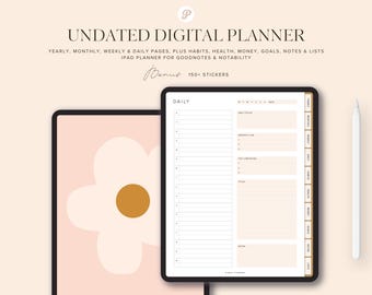 May include: A digital planner app on an iPad screen with a daily planner page. The page has sections for daily focus, gratitude, to-do list, notes, and more. The app is designed for Goodnotes and Notability.