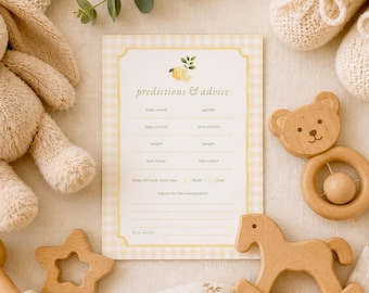 Tarjeta de consejos y predicciones para baby shower con temática de limón, juego "¡Estamos deseando abrazarte!", tarjeta de consejos imprimible y editable en Canva / BS20