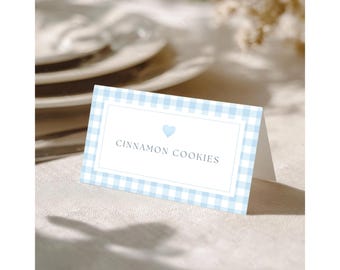 Baby Shower Place Card Template, Classic Blue Gingham Canva Editable Food or Name Cards, Printable Table Decor | BS01