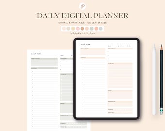 May include: A digital daily planner template in US letter size with a minimalist design. The planner includes sections for daily tasks, to-do lists, notes, and gratitude. The template is available in 9 color options.
