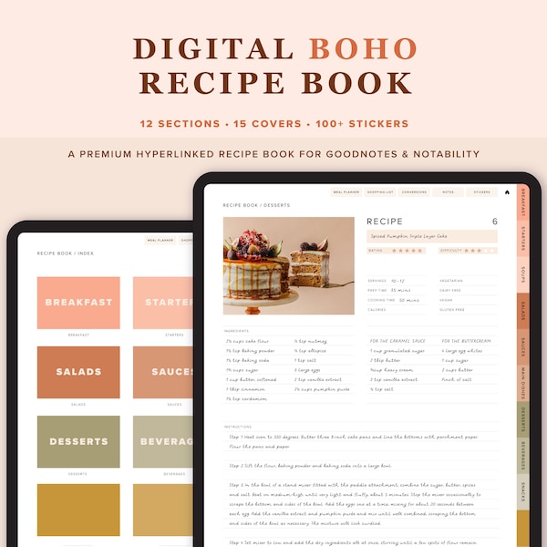 Digital Recipe Book For Goodnotes | Vertical Planner Digital Planner For Ipad | Recipe Book Template | Grocery List | Cookbook Template