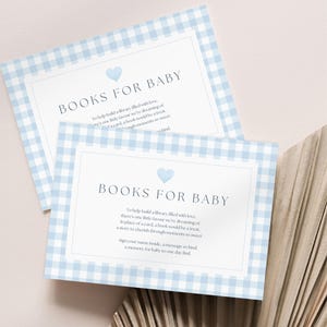 Plantilla de tarjeta "Libros para bebé", inserto clásico de cuadros azules para baby shower, tarjeta imprimible editable de Canva de 5 x 3.5 pulgadas / BS01