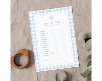 Wishes for Baby Card Template, Classic Blue Gingham Baby Shower Activity, Canva Editable 5x7 Printable | BS01