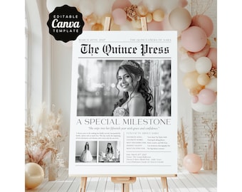 Plantilla editable de periódico para quinceañera, estilo moderno en Canva, portada en blanco y negro para guardar como recuerdo, anuncio imprimible de cumpleaños número quince