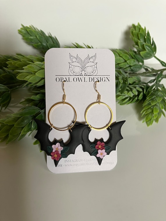 Polymer Clay Bat Earring Halloween Earrings Floral Bat Earring Spooky  Jewelry