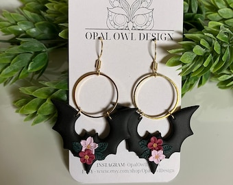 Polymer Clay Bat Earring - Halloween Earrings - Floral Bat Earring - Spooky Jewelry