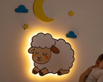 Met de hand beschilderd houten nachtlampje schaap, wanddecoratie kinderkamer, babykamerlamp