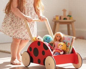 Personalized Ladybug Wooden Walker Wagon, Toddler Push Cart & Toy Storage, Birthday Gift