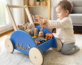 Personalized Blueberry Wooden Push Walker, Baby Toddler Toy Wagon, Baby Boy 1st Birthday Gift