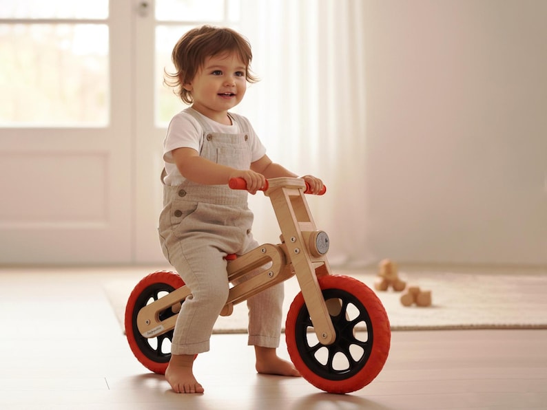 May include: A wooden balance bike with red tires and handlebars. The bike has a natural wood finish and black accents. The child is wearing a white shirt and tan overalls. The bike is designed for toddlers.