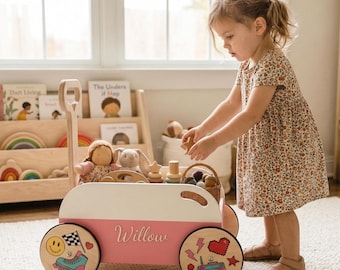 Personalized Wooden Toy Storage Wagon, Retro Play Wagon, Playroom Decor