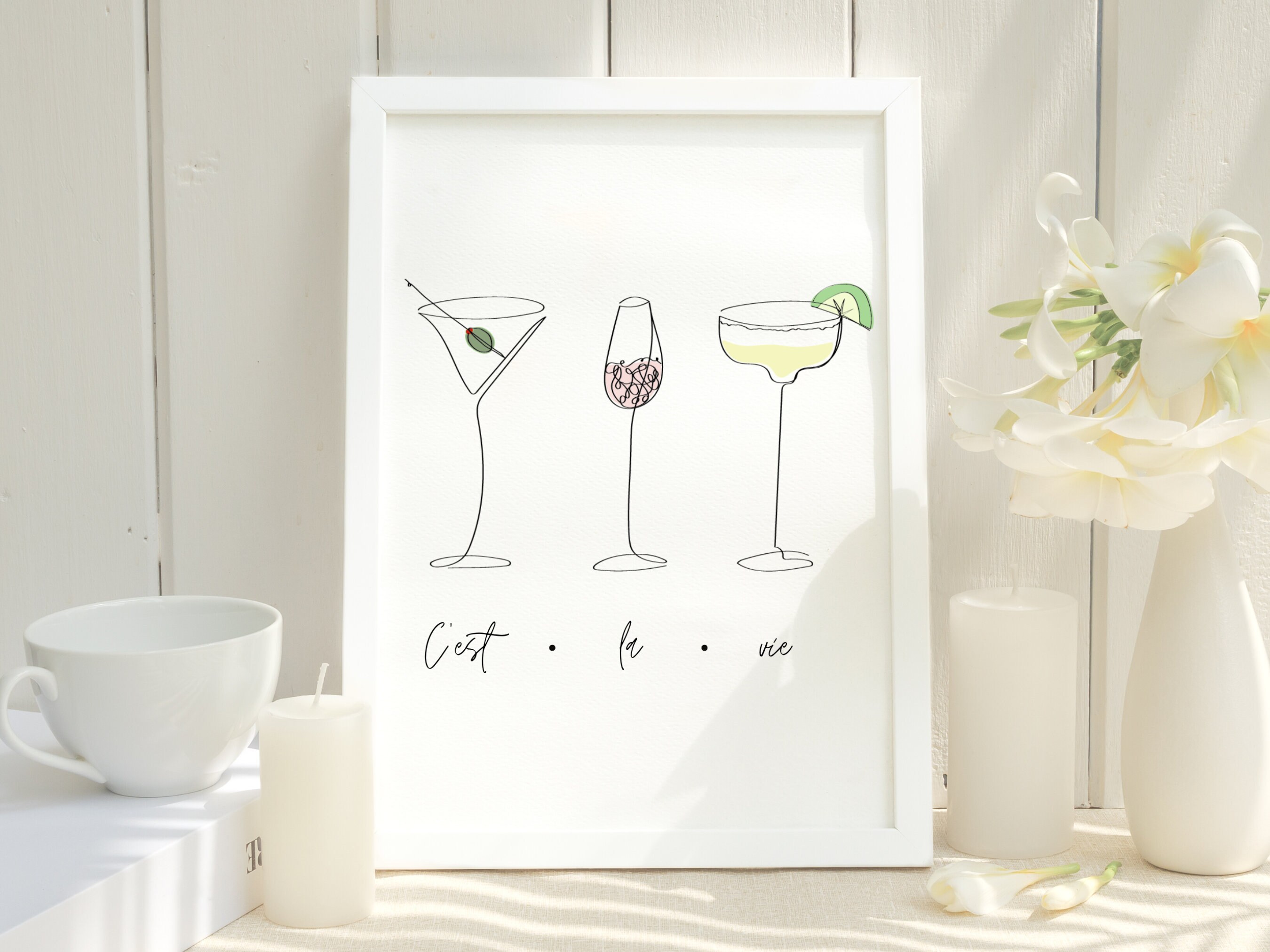 Cocktail Line Art Above Bar Cart Wall Print Martini Wine Etsy