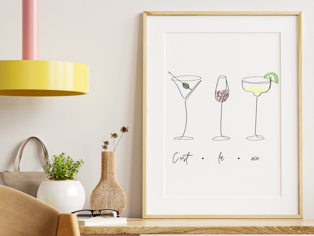 Cocktail Line Art Above Bar Cart Wall Print Martini Wine Etsy