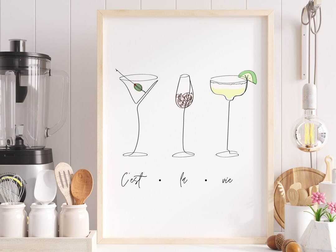 Cocktail Line Art Above Bar Cart Wall Print Martini Wine Margarita