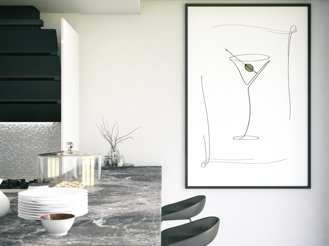 3 Piece Cocktail Line Art Above Bar Cart Wall Print Martini Wine