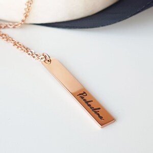 Delicate Drop Necklace, 18K Rose Gold Long Name Bar, Custom Engrave Necklace for Women, Statement Necklace, Bridesmaid Gift Personalized