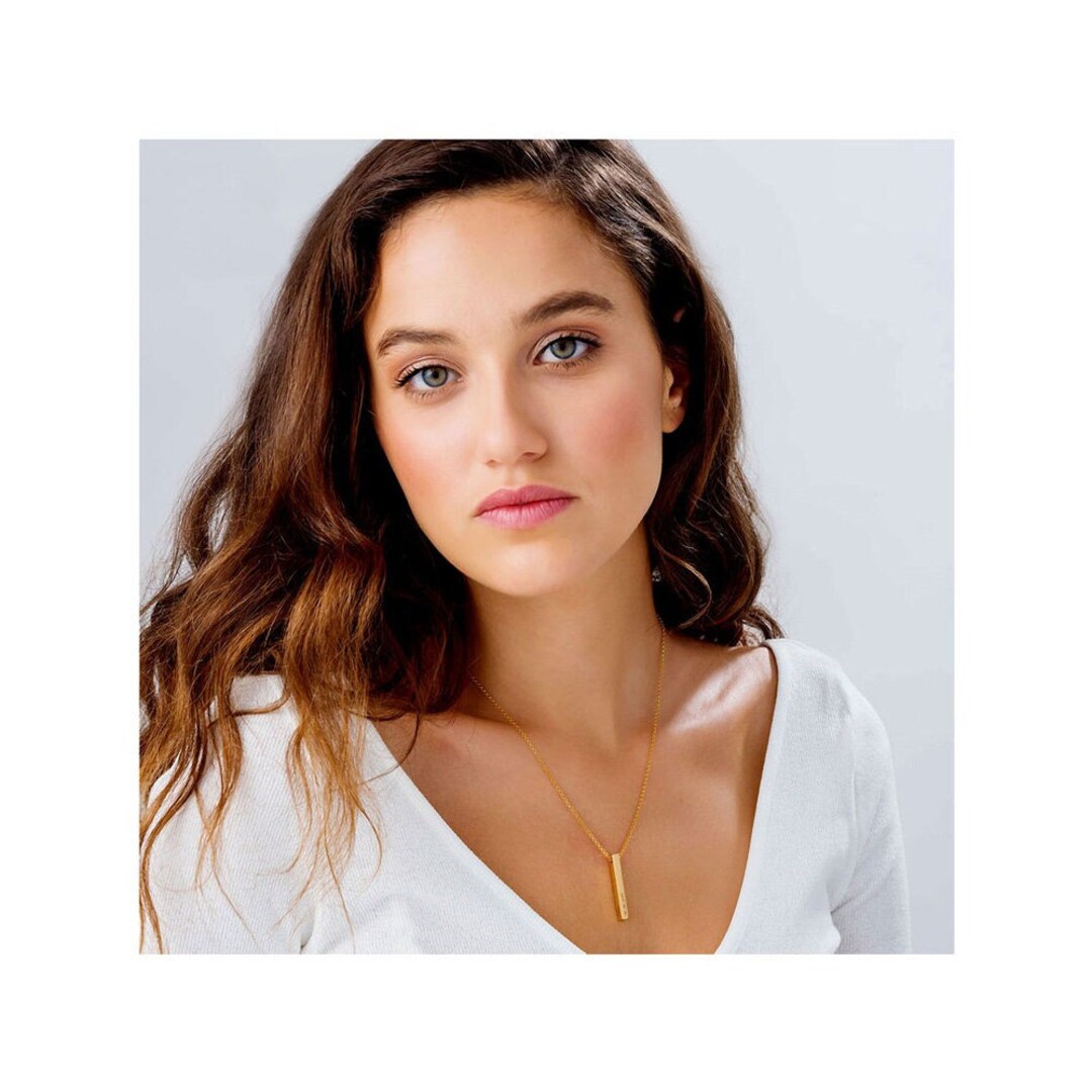 18K Yellow Gold Long Vertical Name Bar Necklace 4 Sides Etsy