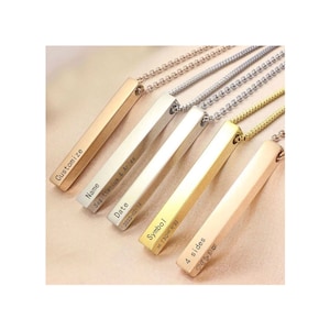 18K Rose Gold Personalized 3D Vertical Bar Necklace • Customize 4 Sides with Engraving • Birthday or Anniversary Jewelry Gifts for Her
