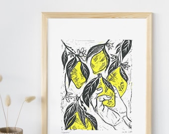 Lemons Lino Print: Kitchen Food Art Poster (Digital Download)