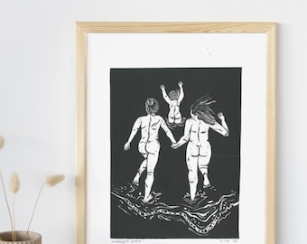 Midnight splash | Lino print digital, wall art, home decor, maximalist print, women art print, gift idea females, art water ocean, water art