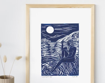 Moonlight dip | Lino print digital, art print ocean, art print woman, art poster water, gallery wall, home decor, wall art, blue art print