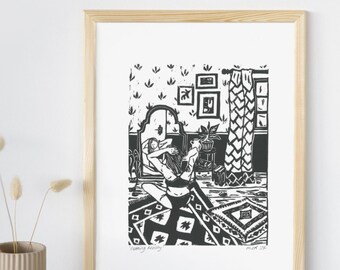 Getting ready | Lino digital print, bedroom art print, woman art poster, girl wall decor, female gift idea, maximalist art print, home decor