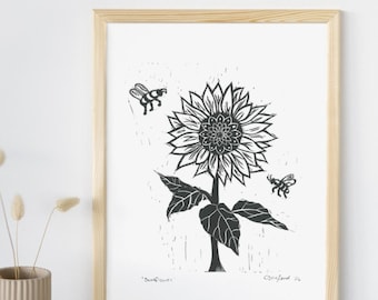 Sunflower | Lino print digital, nature art print, flower art poster, plant art print, wall decor, wall hanging, gift idea housewarming