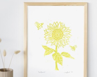 Sunflower | Lino print digital, wall art, art print flower, art poster nature, gift idea housewarming, home decor, gallery wall, floral art