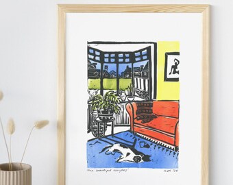 Beautiful everyday | Lino print digital, printable wall art, home decor, Kitchen print, digital art work, Gallery wall, colourful art poster