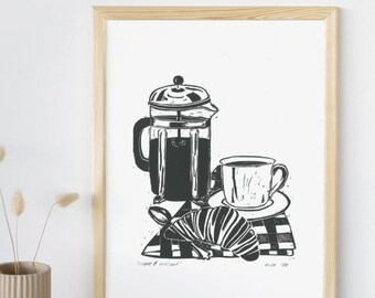 Coffee and Croissant | Digital lino print, food illustration, kitchen wall art, home decor, food art print, breakfast art poster, gift idea