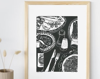 Dinner Table Lino Print: Food Illustration Art Poster (Digital Download)