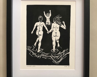 Midnight splash- A4 wall art | Original Lino Print | Unique wall art | Home decor gift | nude art print | Water art