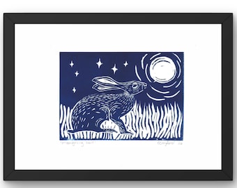 Moongazing hare in Blue | Lino print digital, animal art poster, hare digital print, nature art, wall decor, wall hanging, gallery wall