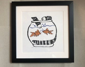 Handmade Cat & Goldfish Bowl Lino Print | Quirky Home Wall Art