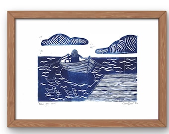 Row your boat | Lino art print digital, art poster water, wall art, wall decor, boat art print, home decor, gallery wall, gift idea
