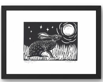 Moongazing hare | Lino digital print, hare art print, Art print rabbit, wall decor, gallery wall, gift idea friend, animal art print
