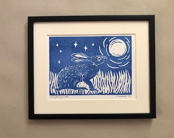 Handmade 'Moongazing Hare' original Lino Print, Hare, Moon, Nighttime, Stars, Easter, Blue, Black, Art, Handprinted, Wall Decor