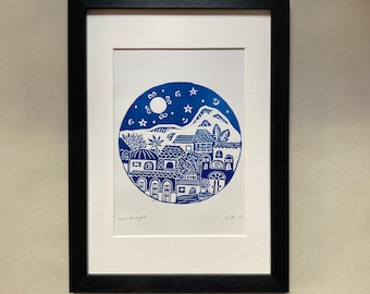 Town at night- Wall art Lino print | handmade print | gift idea | Original art print | Blue art print