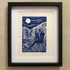 Handmade 'moonlight dip' original A4 lino print | Wall art | unique art print | home decor gift idea