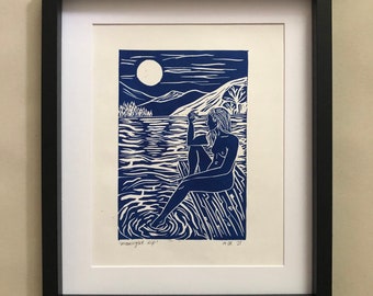 Moonlight dip- A4 wall art| Lino print | unique art print | home decor gift idea | Handprinted | Bedroom decor