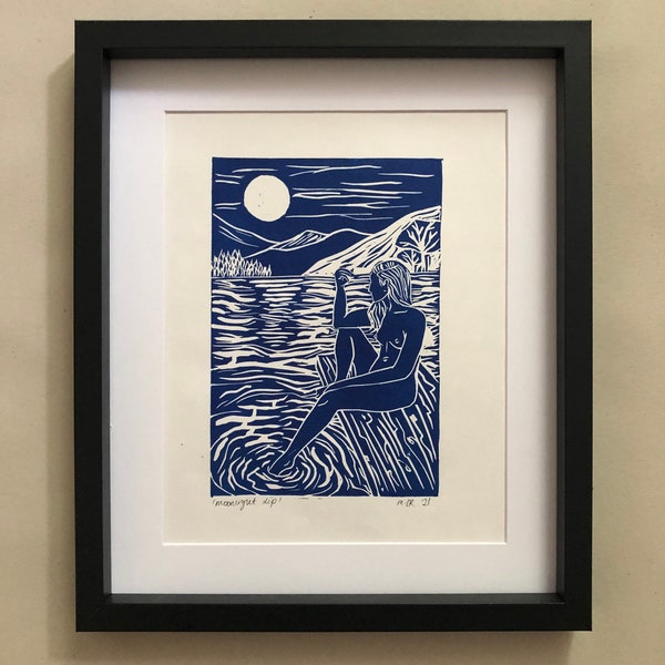 Handmade 'moonlight dip' original A4 lino print | Relief print | original art print | gift idea