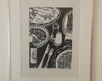 Dinner table Lino print | Food illustration A3 wall art, handprinted, Kitchen poster, minimalist art, wine and food print, black and white