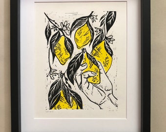 Lemons lino print A4 | wall art| Colourful art print | Handmade original art | Unique gift | home decor