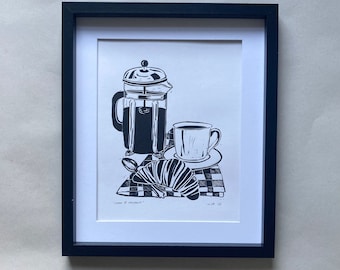 Coffee & Croissant- A4 wall art|  Lino print | food art | kitchen art print | original art | gift idea | Handprinted